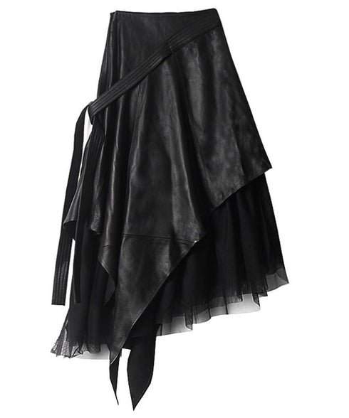 Asymmetric Layered Faux Leather Tulle Skirt